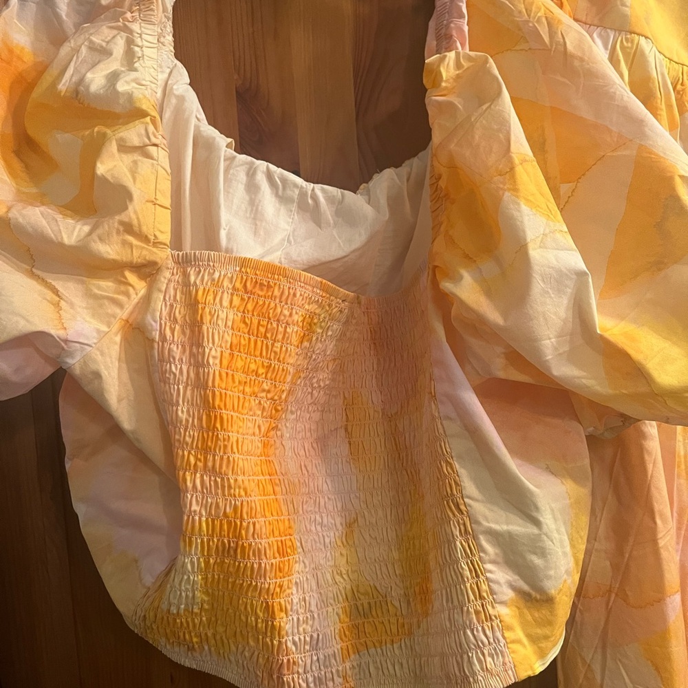 Eloquii  pink and orange Blouse with Smocked Puffed Sleeves